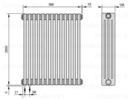 Схема (чертеж) Радиатор Zehnder Charleston 4280/13 №3370 Белый глянцевый RAL 9016